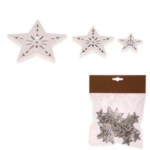 Hvězda - dřevo, mix 3 velikostí, bílá, cena za balení (18 ks)
