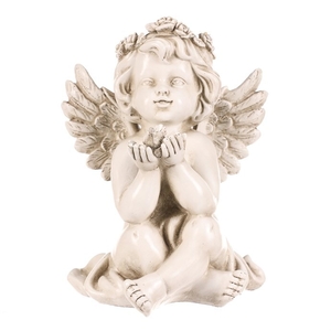 Anděl pietní - polyresin, LED, sedící, sv. šedý