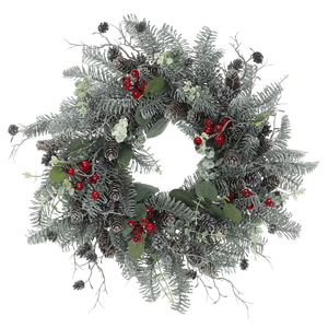 Věnec - pr. 48 cm, jehličí, šišky, lístky a červené bobule
