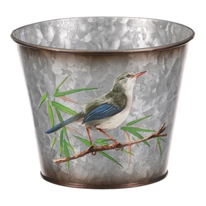 Kovový obal na květiny, design s ptáčky.