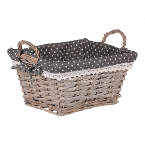 Košík,  proutěná dekorace s látkou.