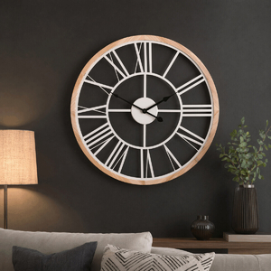 Hodiny nástěnné - pr. 50 cm, kov a dřevěný rám, bílé římské číslice