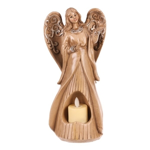 Anděl pietní - polyresin, LED svíčka, béžovo-hnědý