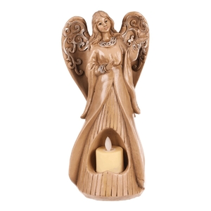 Anděl pietní - polyresin, LED svíčka, béžovo-hnědý