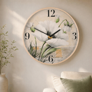 Hodiny nástěnné - pr. 40 cm, MDF a dřevený rám, kvetoucí mák