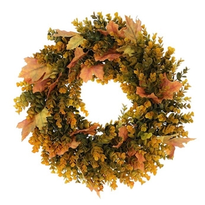 Věnec umělý - pr. 50 cm, eukalyptus a javorové listy, oranžovo-zelený
