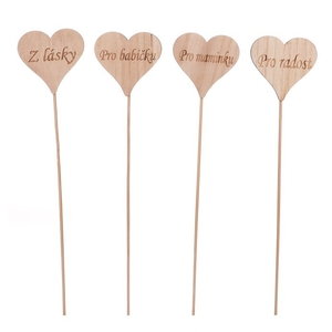 Srdce s nápisem - zápich, dřevo, přírodní, cena za balení (6 ks)