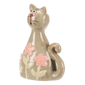 Kočka - keramická figurka, dekor květin, vel. S, zelená