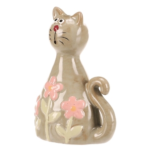 Kočka - keramická figurka, dekor květin, vel. S, zelená