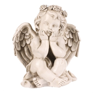 Anděl pietní - polyresin, LED, sedící, sv. šedý