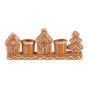 Svícen perníkový - keramika, na 2 kónické svíčky, domky a stromek