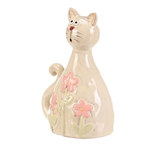 Kočka - keramická figurka, dekor květin, vel. M, žluto-zelená