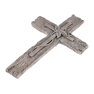 Kříž s lístky, imitace dřeva - polyresin, šedý