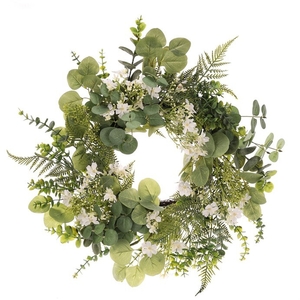 Věnec umělý - pr. 50 cm, zeleň a bílé květy