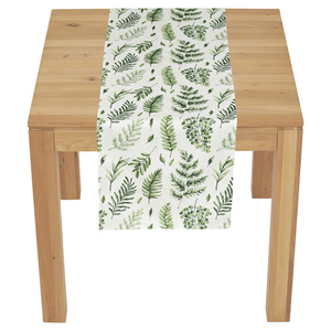 Běhoun - mix zelených listů, bílý základ, 100 % polyester, 40 x 150 cm
