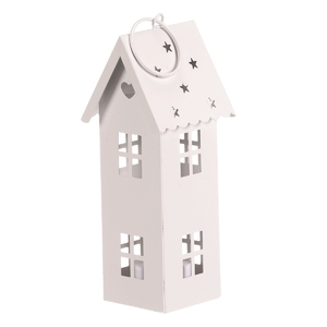 Lucerna mini - kovová, LED svíčka, patrový domek, bílá