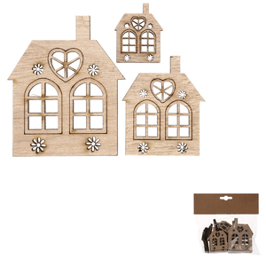 Domeček dřevěný - mix velikostí, přírodní b., cena za balení (18 ks)