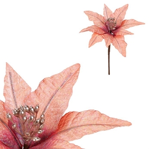 Vánoční růže - umělý květ na stonku, meruňková se třpytkami