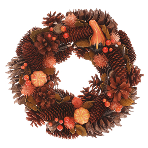 Věnec podzimní - pr. 30 cm, šišky, bobule, dýně, oranžovo-hnědý