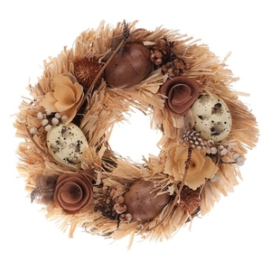 Věnec slaměný - pr. 24 cm, vajíčka, květy a pýrka