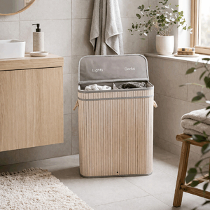 Koš prádelní - bambusový, s víkem, šedý