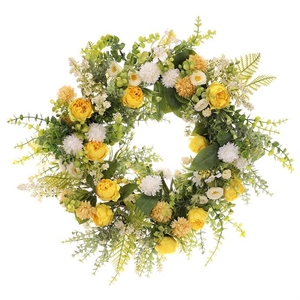 Věnec umělý - pr. 50 cm, zeleň a bílo-žluté květy