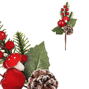 Větev umělá - jehličí, šiška, červené bobule, jablko a houba