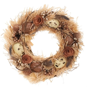 Věnec slaměný - pr. 30 cm, vajíčka, květy a pírka
