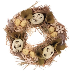 Věnec slaměný - pr. 24 cm, vajíčka, květy a lístky