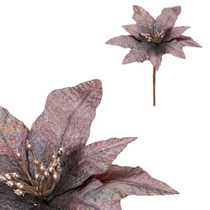 Vánoční růže - umělý květ na stonku, hnědá se třpytkami