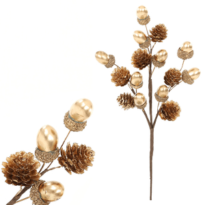Žaludy a šišky - umělá větev, barva zlatá
