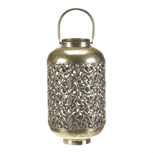 Svícen kovový - přenosná lucerna, rostlinný dekor, zlatý