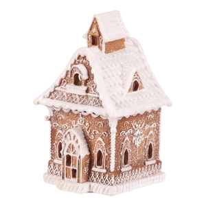 Domeček perníkový - polyresin, LED osvětl., hnědý s bílým zdobením
