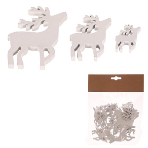 Jelen - dřevěná ozdoba, bílá, mix 3 vel., cena za balení (18 ks)