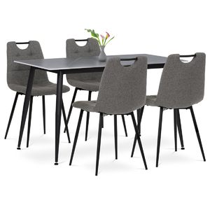 Jídelní set 1+4, stůl 130x70, deska slinutý kámen v imitaci šedého matného mramoru, židle šedá látka, madlo černý lak