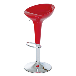 Barová židle, červený plast, chromová podnož, výškově nastavitelná