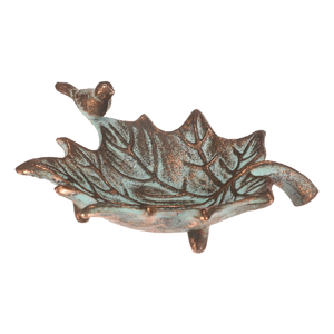 Krmítko/pítko kovové - javorový list s ptáčkem, měděné