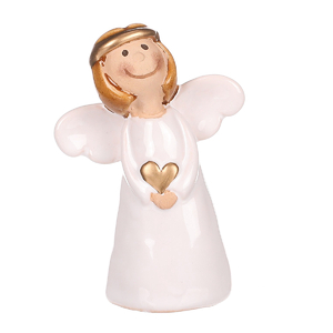 Anděl - keramická figurka, bílý držící zlaté srdce