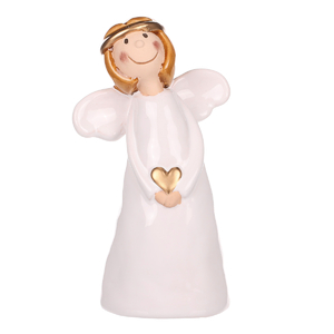 Anděl - keramická figurka, bílá se zlatým srdcem
