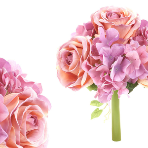 Hortenzie a růže, puget, barva lila a růžová. Květina umělá.