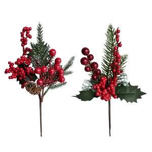 Větev umělá - jehličí, listí a červené bobule, mix 2, cena za 1 ks