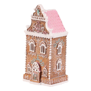 Domeček perníkový - polyresin, LED osvětl., hnědý s barevným zdobením