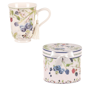Hrneček v dárkové dóze - porcelán, bílý s lesními plody