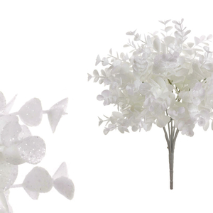 Eukalyptus, květina umělá plastová, barva bílá ojíněná.