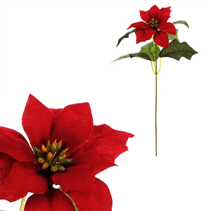 Vánoční růže - umělá řezaná s listy, červený květ