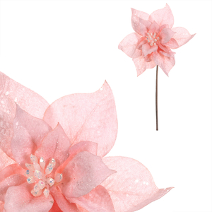 Vánoční růže - umělý květ na stonku, růžová se třpytkami