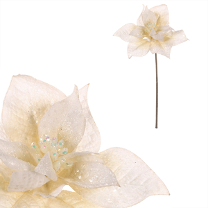 Vánoční růže - umělý květ na stonku, bílá se třpytkami