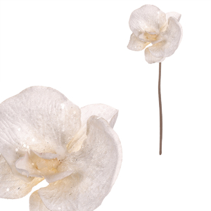 Orchidej - umělý květ na stonku, bílá se třpytkami