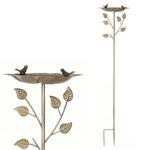 Krmítko/pítko - kovový zápich, list s ptáčky, měděné