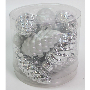 Ozdoby skleněné-tvar šišky, stříbrné, pr. 5,5 cm,cena za 1 balení (13 ks)